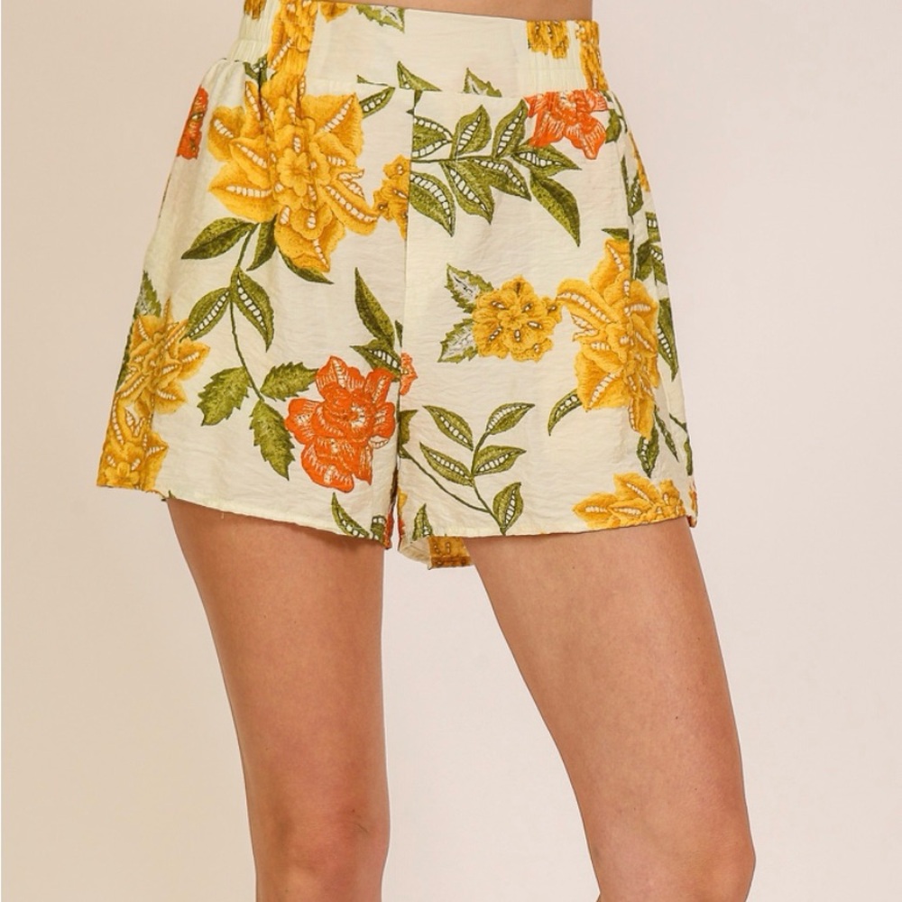 High Waist Floral Women's Shorts - Yellow and Green